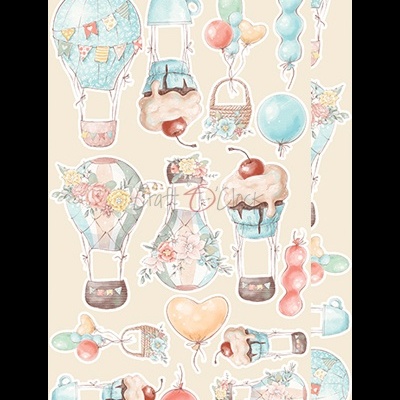 Ilustrações decorativas de balões e cupcakes em tons pastel