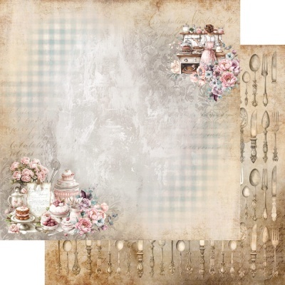 Papel digital vintage com talheres antigos, flores, doces e padrão xadrez azul claro
