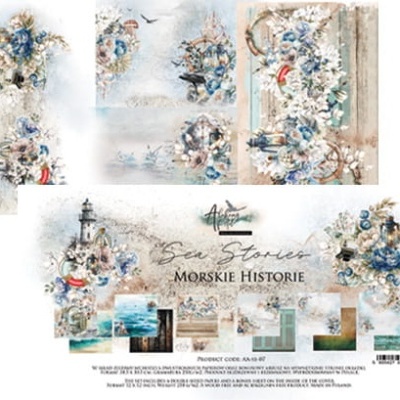 Conjunto de papéis decorativos com temas marítimos e florais em tons azuis e bege