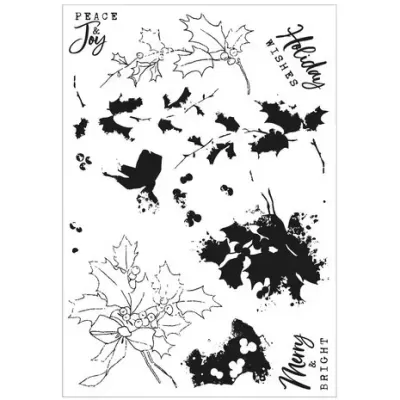 Elementos de carimbos a preto e branco com folhas, bagas e textos de celebração