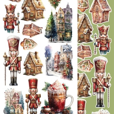 Ilustrações natalícias com casinhas gingerbread, soldados brinquedo e bebida quente com chantilly