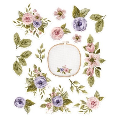 autocolantes florais decorativos em cores rosa, lilás e verde com círculo de bordado
