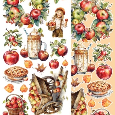 Ilustrações aquarela de maçãs, menina com cesta, torta de maçã, bebida com chantilly, carrinho e cesto de maçãs, folhas de outono.