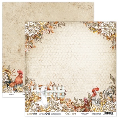 Papel decorativo para scrapbook com flores e galinhas em tons neutros e rústicos