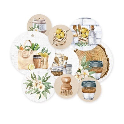 Círculos decorativos com ilustrações de cozinha e natureza como pote, escova, limões, flores e folhas