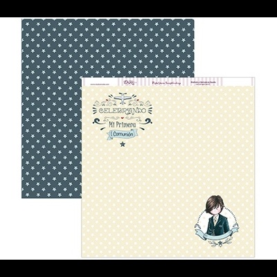 Papel para scrapbooking comemorativo com padrão de estrelas e tema de primeira comunhão.