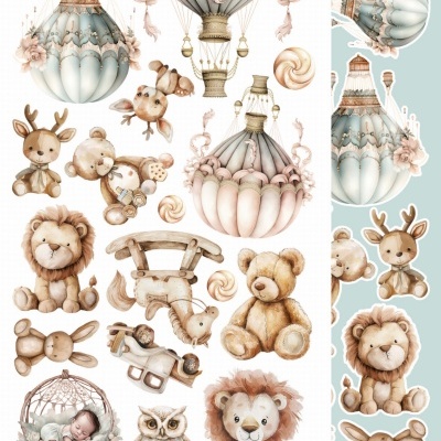 Ilustrações de balões e brinquedos de pelúcia em tons pastel em fundo branco