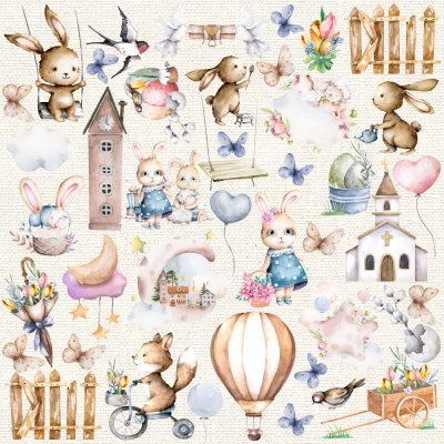 Desenho colorido de coelhos, flores, pássaros, balões e casinhas em estilo aquarela