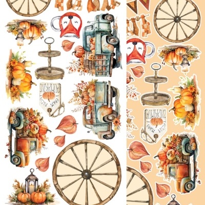 Adesivos decorativos outonais com abóboras, carrinhos antigos, rodas de carroça e elementos decorativos em tons quentes.