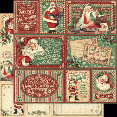 papel decorativo natalício com imagens e textos do Pai Natal em vermelho, verde e bege
