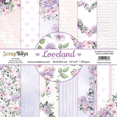 Papel decorativo para scrapbook com várias estampas florais e elementos delicados em embalagem