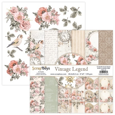 Folhas decorativas de scrapbooking com flores, pássaros e padrões vintage