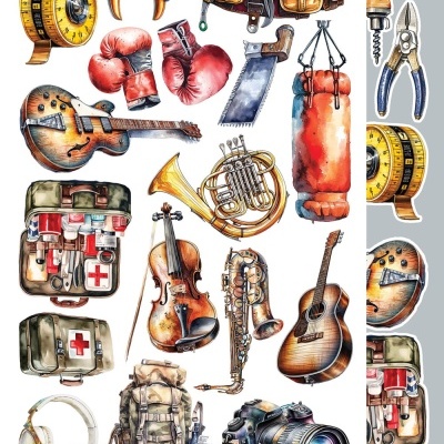 Objetos diversos para ferramentas, música, medicina, fotografia e aventura sobre fundo branco