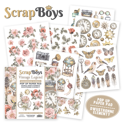Conjunto de folhas de papel ScrapBoys Vintage Legend com desenhos de flores, relógios, pássaros e objetos vintage