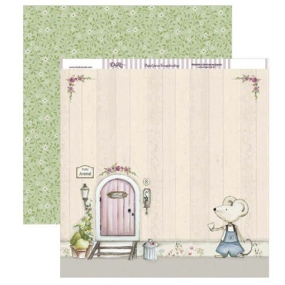 Papel decorativo com porta rosa vintage, rato com jardineira e padrão verde com folhas