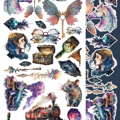 Autocolantes com desenhos coloridos de fantasia incluindo unicórnio, chave com asas, comboio, rato e mulher com cabelo estrelado.