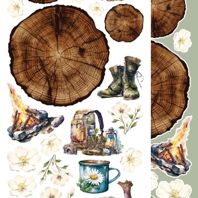 Adesivos coloridos com temas de natureza e camping, incluindo troncos, botas, fogo, mochila, flores, caneca e coruja.