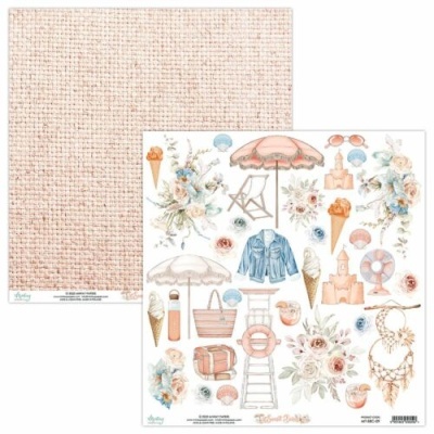 Papel decorativo scrapbooking com padrão de texto e papel com ilustrações de verão em tons pastel.