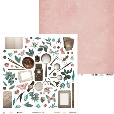 Papel de scrapbook com imagens vintage de natureza e verso rosa claro com bolhas