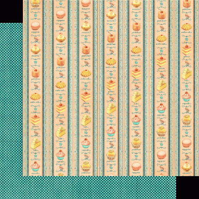 Papel de parede com ilustrações de doces e textos em inglês em faixas verticais coloridas