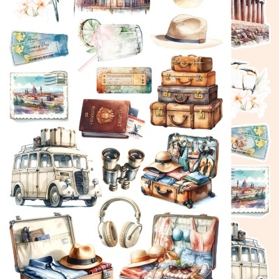 Ilustração de objetos e monumentos relacionados a viagens, com malas, chapéus, copo, passaporte e bilhete de avião.