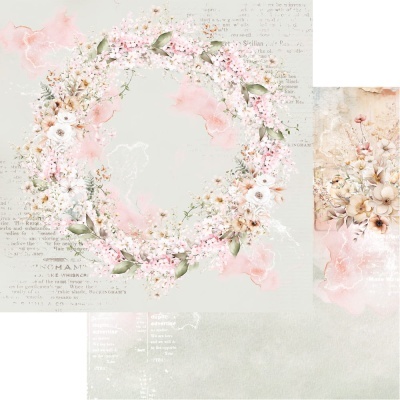 Ilustração floral suave com coroa de flores e folhas em fundo cinza claro