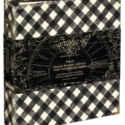 Álbum fichário preto e branco com padrão xadrez e embalagem decorativa preta