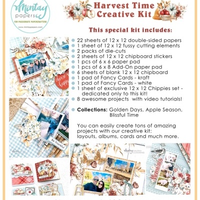 Kit criativo Harvest Time com papéis, autocolantes e elementos para scrapbooking
