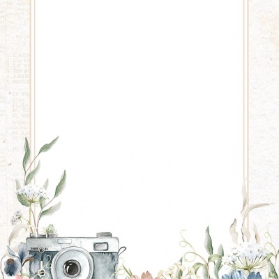 Moldura decorativa com flores e câmara fotográfica antiga