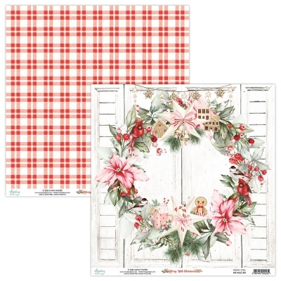 Papel decorativo dupla-face com padrão xadrez e coroa natalícia floral