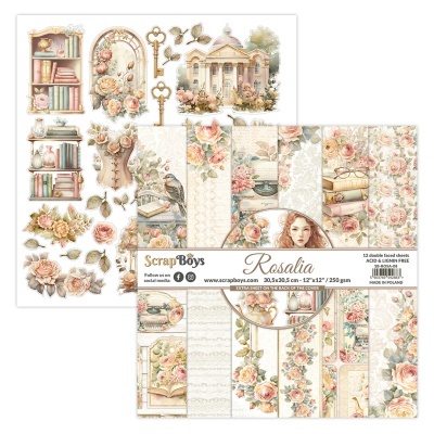 Papel decorativo para scrapbooking com estampas vintage e florais em tons pastel.