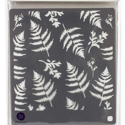 Conjunto de carimbos com estêncil de folhas e etiquetas em embalagem transparente.