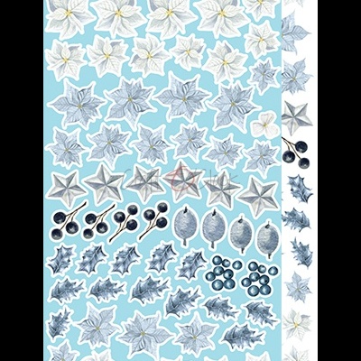 Flores brancas de Natal, folhas e bagas decorativas em cinza e azul sobre fundo azul claro