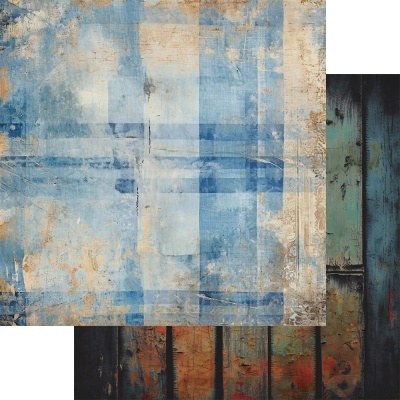 Papel decorativo com padrões envelhecidos em azul e madeira colorida