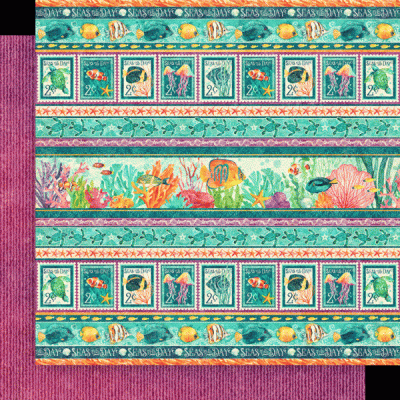 Pano de mesa com padrão marinho colorido e carimbos de peixes.