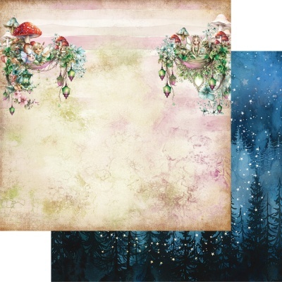 Papel decorativo com desenhos de fadas, cogumelos e lanternas de um lado e silhueta de árvores e estrelas do outro lado.