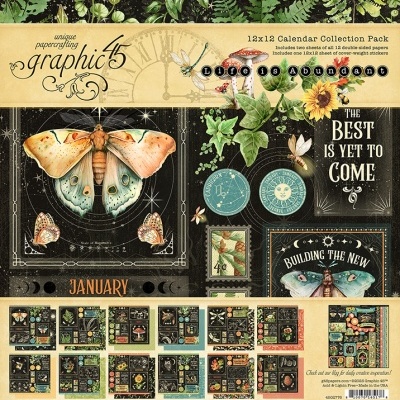 Capa do conjunto de calendário 12x12 Graphic 45 Lovely Abundant com mariposa e elementos botânicos