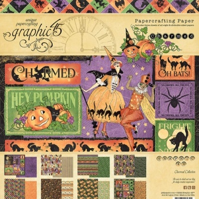 Papel decorativo com estampas de Halloween coloridas e textos temáticos.