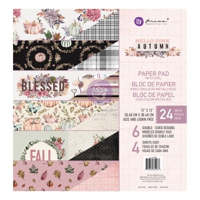 Bloco de papel decorativo outonal com 24 folhas, estampas de flores, abóboras e padrões, texto BLESSED, FALL, HELLO PINK AUTUMN