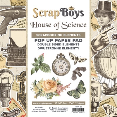 Pacote de papel para scrapbooking com ilustrações vintage de flores, borboletas, relógio e objetos antigos, marca ScrapBoys House of Science