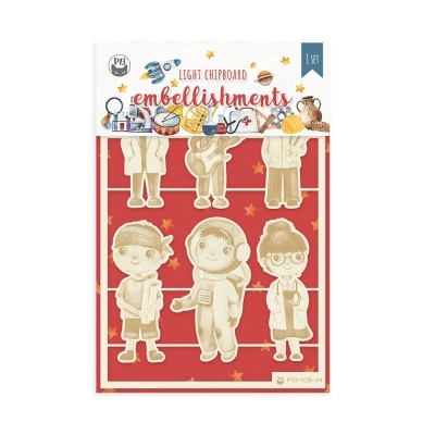 Conjunto de emblemas chipboard com figuras de crianças em várias profissões