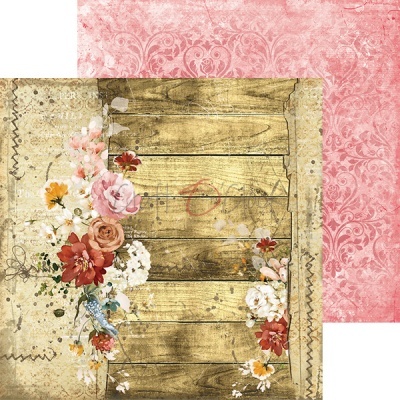 Papel decorativo com padrão de madeira envelhecida e flores coloridas