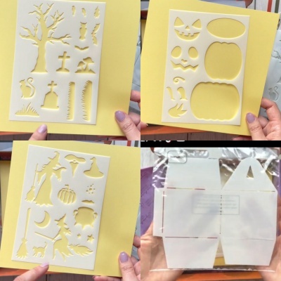 Estênceis de Halloween em plástico branco sobre cartolina amarela com vários desenhos decorativos