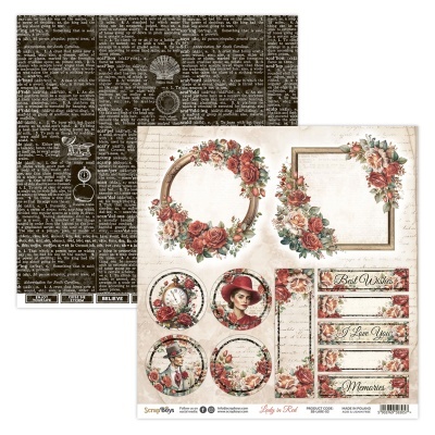 Folha dupla de papel para scrapbooking com padrões vintage e flores vermelhas