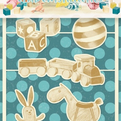 Elementos decorativos em cartão leve com design de brinquedos em tons bege