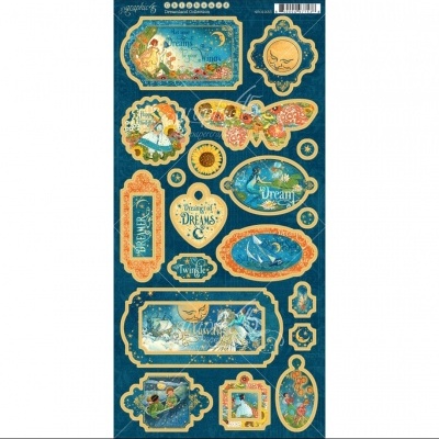 Folha de autocolantes decorativos com molduras e ilustrações coloridas de fadas e animais