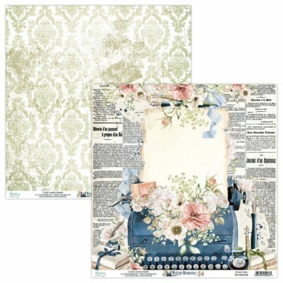 Folha dupla-face para scrapbooking com padrão damasco e ilustração vintage de máquina de escrever com flores