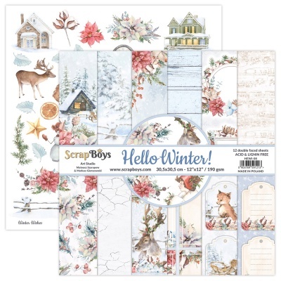 Folhas de scrapbook temáticas de inverno com desenhos de casinhas, animais e flores em tons suaves