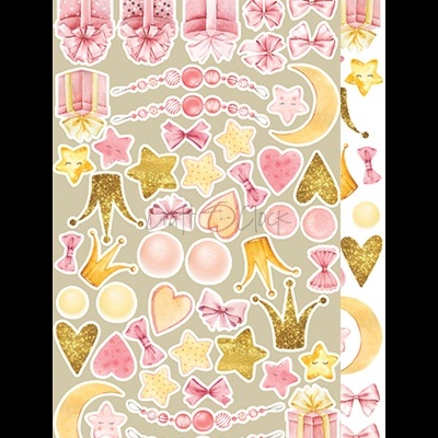 Autocolantes decorativos em rosa, dourado e amarelo com motivos festivos infantis.