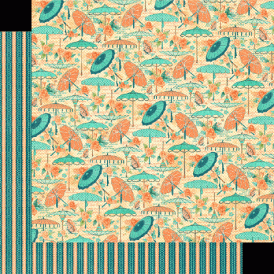 Papel decorativo com padrão colorido de guarda-sóis e folhas e borda listrada